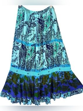 Y2K Blue Floral Crinkle Hippie Boho Cottagecore Fairy Skirt Crochet Trim XL 1X